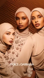 Three female models in matching neutral hijabs and dresses posing together against a warm textured background for Dolce and Gabbana