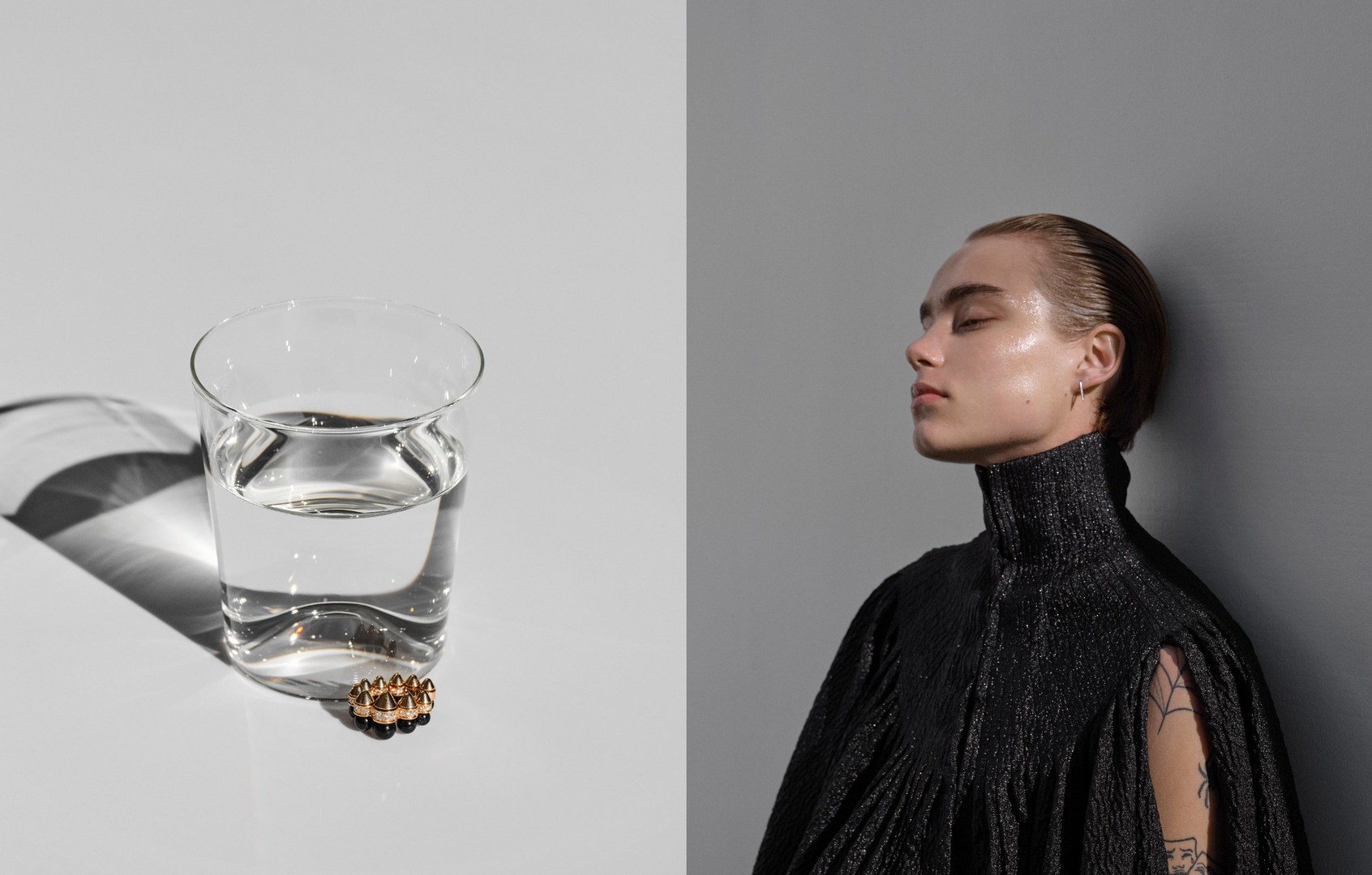 Split-screen showing a glass of water with ring, and a woman with wet hair and black dress, against a gray background.