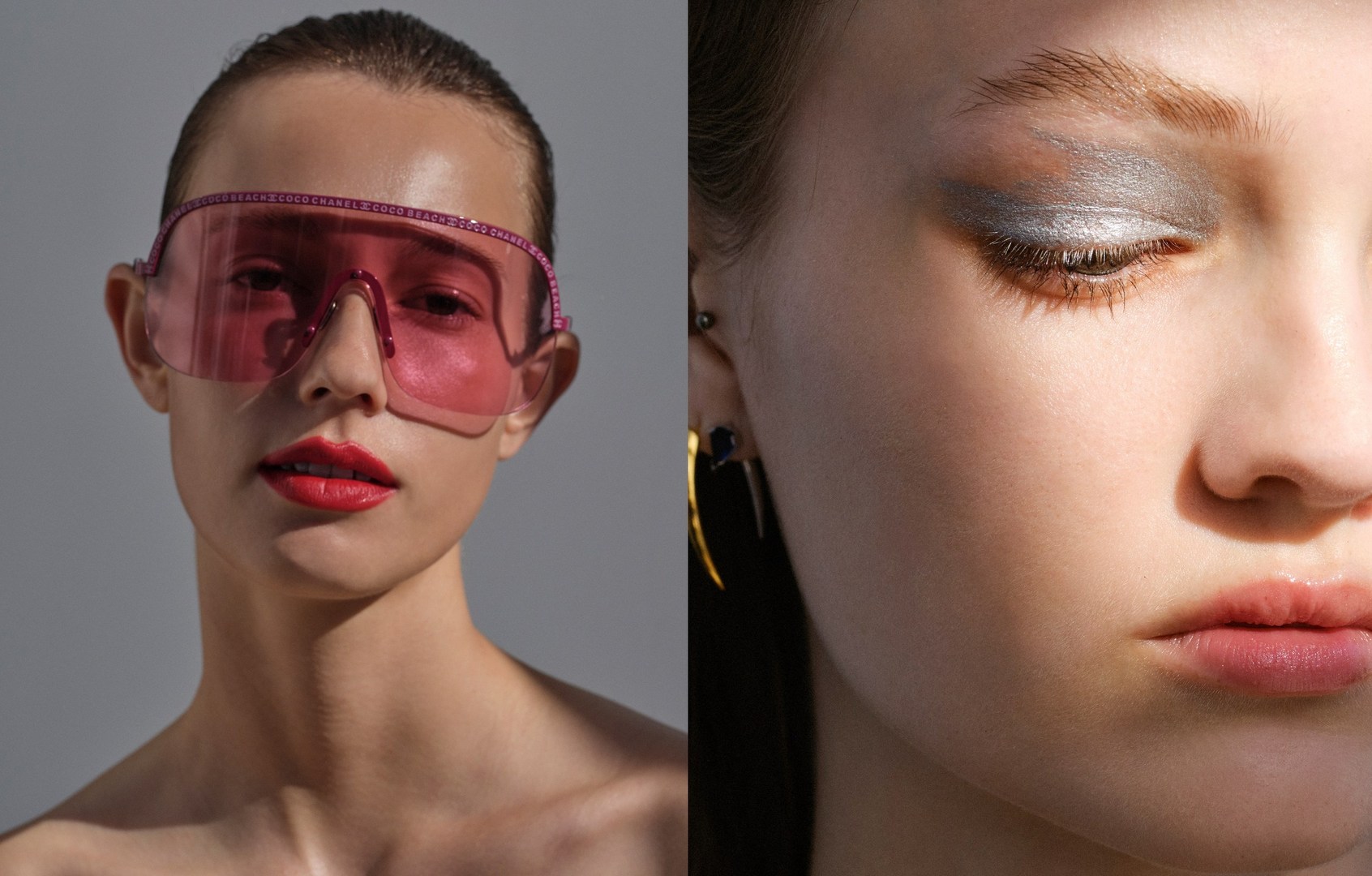 Model wearing translucent pink sunglasses and red lipstick alongside a close-up portrait featuring metallic eyeshadow for Love Want Issue 30.