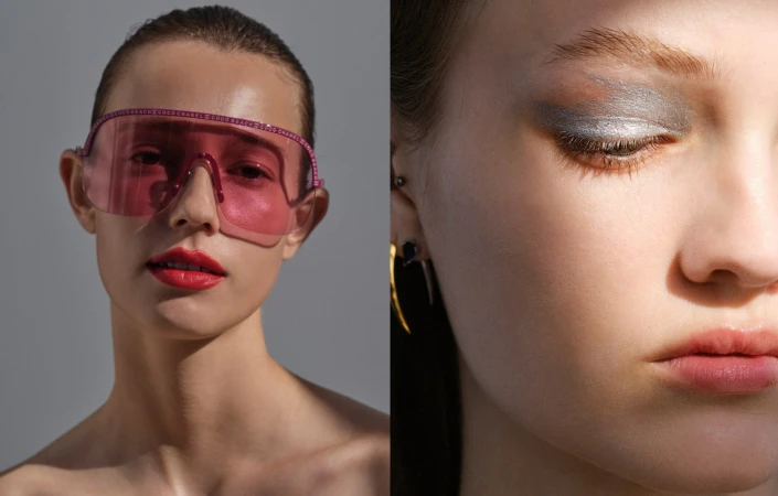 Model wearing translucent pink sunglasses and red lipstick alongside a close-up portrait featuring metallic eyeshadow for Love Want Issue 30.
