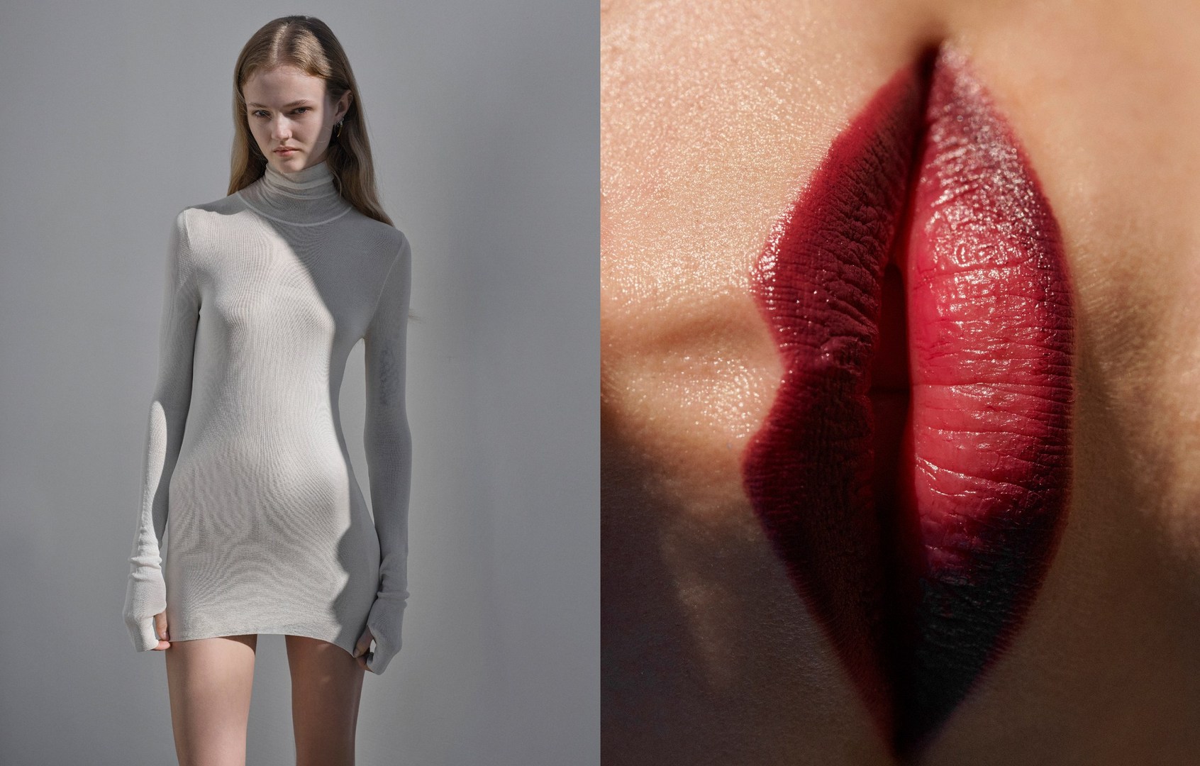Diptyque composition of a model in a tight white turtleneck dress and a macro shot of red lips