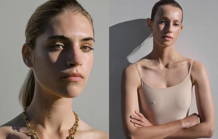 Two fashion portraits featuring models wearing jewellery and a beige camisole against a plain grey studio background with harsh sunlight.