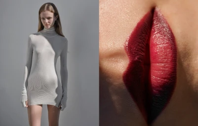 Diptych image showing a model in a tight white turtleneck dress alongside a close-up macro view of dark red lips.