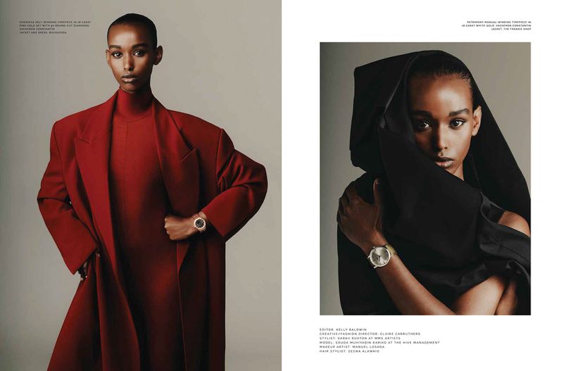 Fashion editorial featuring a dark-skinned model in a red coat and dress, contrasted with a hooded black garment, both accessorized with watches.