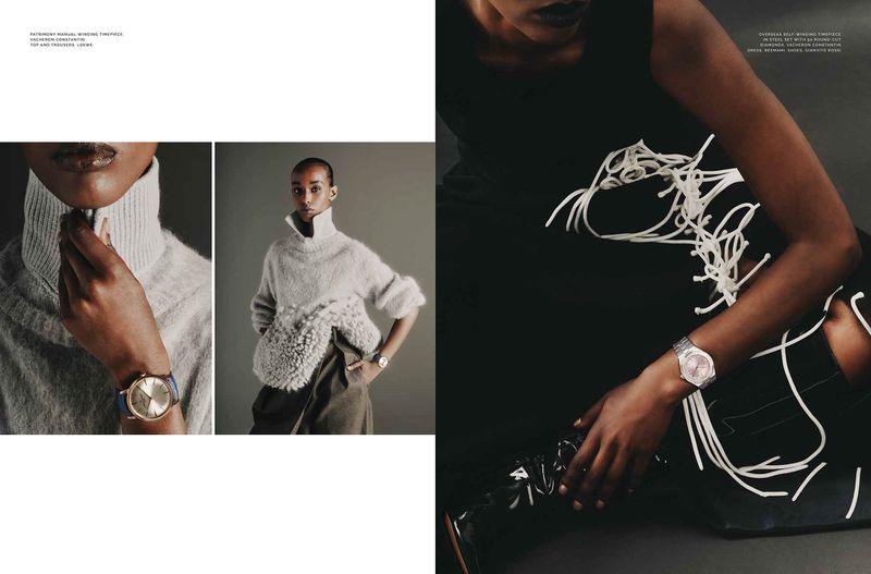 Editorial fashion shot showcases dark-skinned women wearing knitwear and a timepiece, posing in a studio with a neutral background.