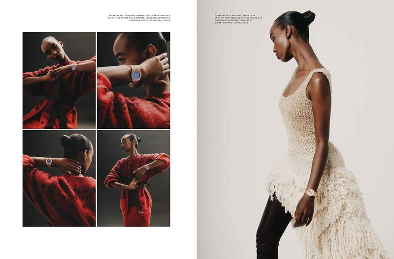 Fashion editorial featuring a Black female model wearing luxury watches, posing in a beige dress and red sweater against neutral backdrops.
