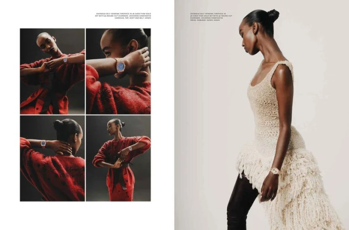 Fashion editorial featuring a Black female model wearing luxury watches, posing in a beige dress and red sweater against neutral backdrops.