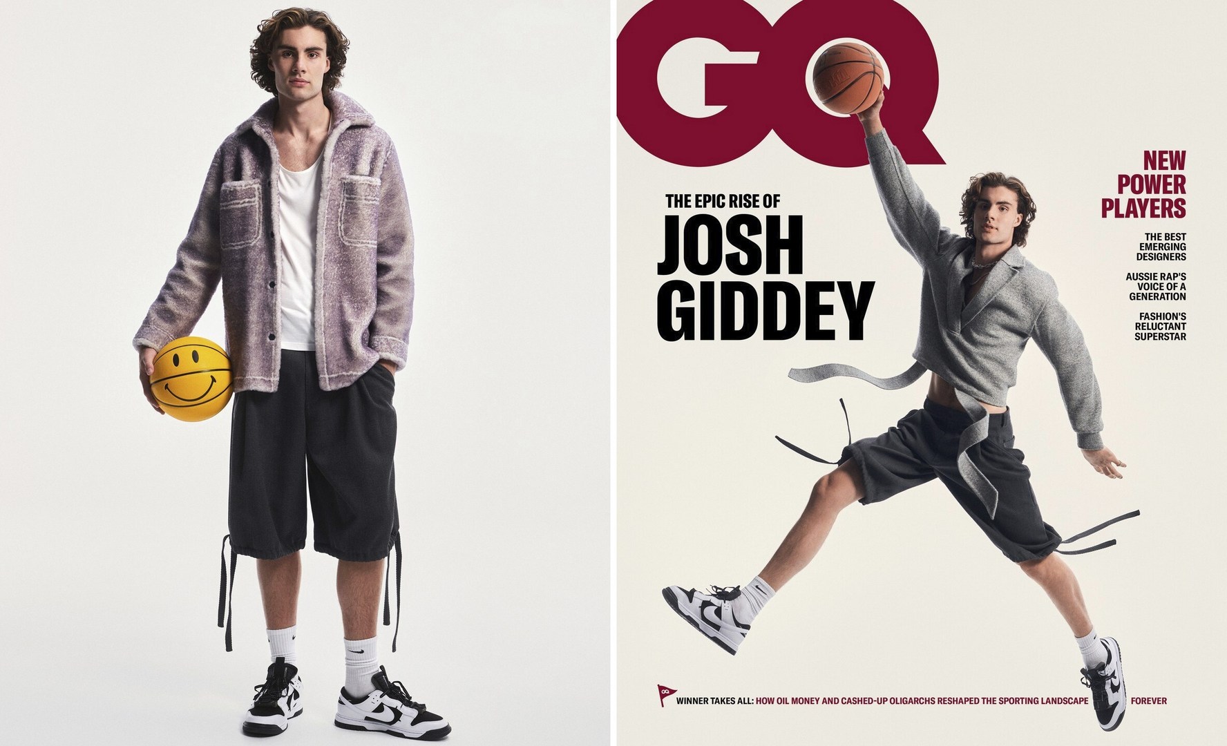 Josh Giddey poses with a basketball and is featured on the cover of GQ magazine with black shorts, matching sneakers, and a lavender jacket.