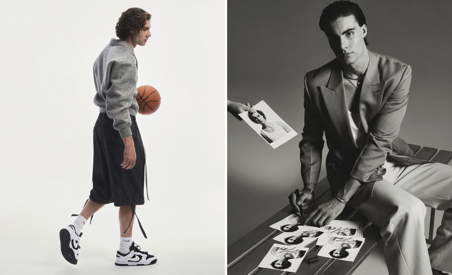Split-screen fashion shot: A male model with a basketball contrasts with another signing photos, monochrome background, formal attire.