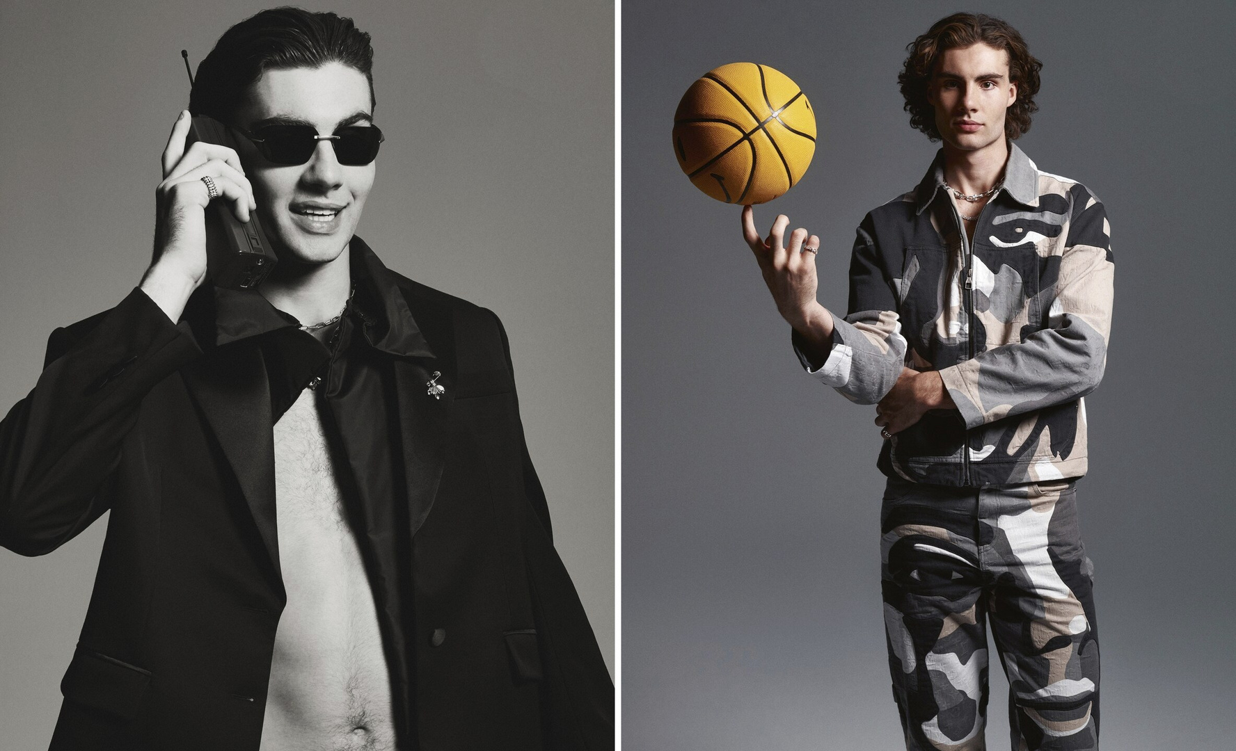 Split-screen fashion shot: man in sunglasses on phone and man in camo outfit spinning basketball on finger, gray backdrop.