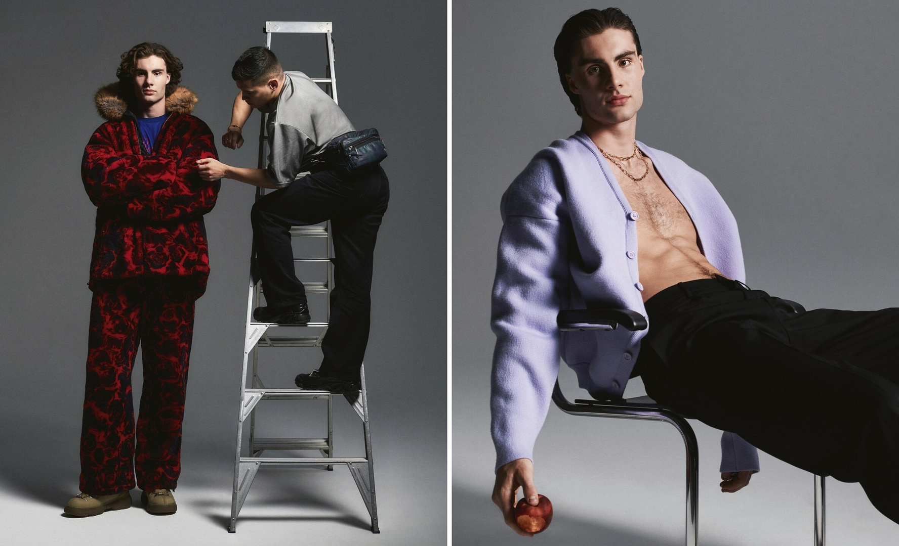 Three male fashion models pose in a photo studio, one sitting holding an apple, one on a ladder, and one standing in a patterned outfit.