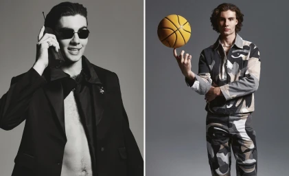 Two portraits of Josh Giddey for GQ Australia, featuring a black-and-white look with sunglasses and a color shot spinning a basketball.