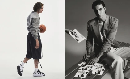 Two panel image featuring Josh Giddey holding a basketball and seated signing portraits for GQ Australia