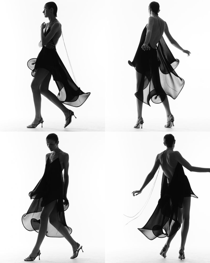 Monochrome fashion shot featuring a woman with short hair in a black dress and heels, walking in front of a stark white backdrop, four image mosaic.