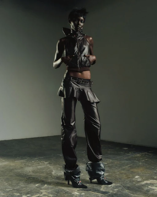 A Black fashion model in an edgy black leather outfit poses indoors with dramatic lighting, showcasing unique and modern fashion design.