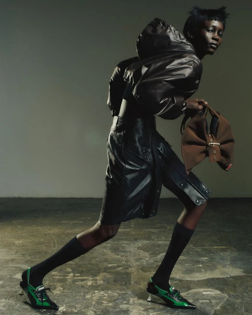 Fashion shot of a black female model wearing a black shiny jacket and shorts with green heeled shoes, holding a brown handbag.