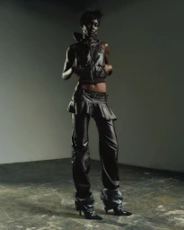 Model Atem Bol in dark leather outfit standing against a neutral studio background for Ancuta Sarca AW25