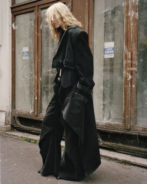 A woman stands in a wide-legged pantsuit and long coat. She's outdoors in front of an old building with weathered windows, creating an urban fashion shot.