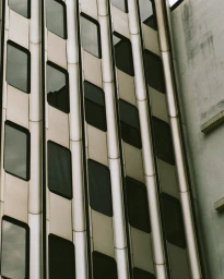 Architectural exterior shot featuring vertical ribbed concrete columns and dark tinted rectangular windows of a modern building.