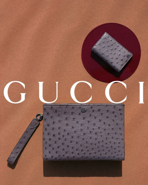 Ostrich-textured Gucci wallet and wristlet on a brown surface, displayed with Gucci branding. Ideal for fashion and luxury accessory visuals.