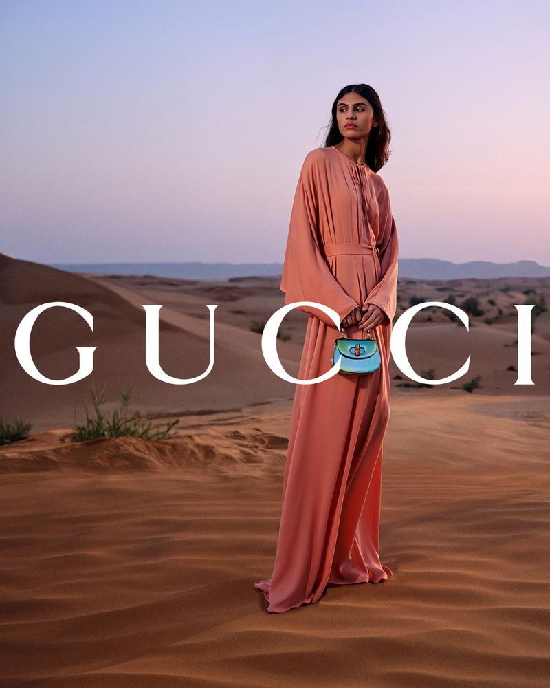 Model standing in a long peach dress holding a small handbag in a desert landscape during sunset.