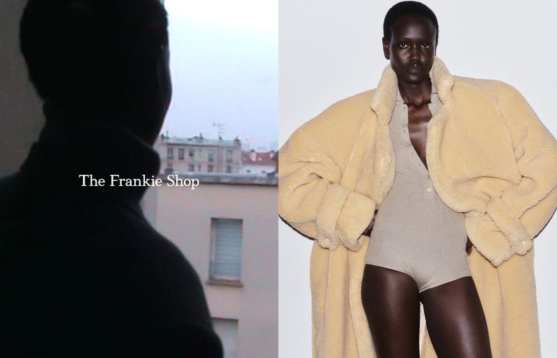 Split screen fashion ad featuring an African male silhouette at window and a fashion model in a furry coat and neutral bodysuit.
