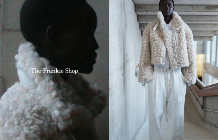 Model Yar Aguer in a cream shearling jacket and white trousers for The Frankie Shop Winter 25 collection.