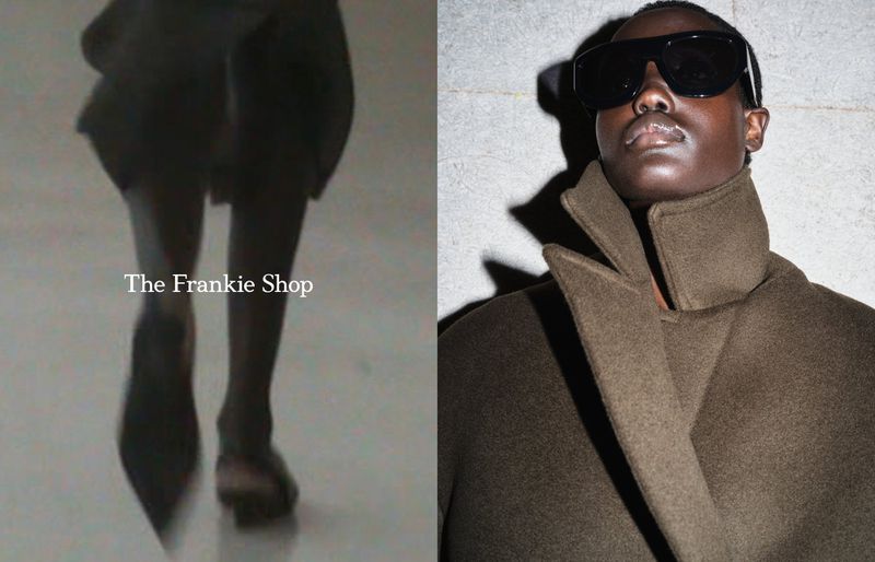 Fashion shot featuring an adult Black man modeling a heavy olive-green coat with sunglasses, and a view of a woman in heels.