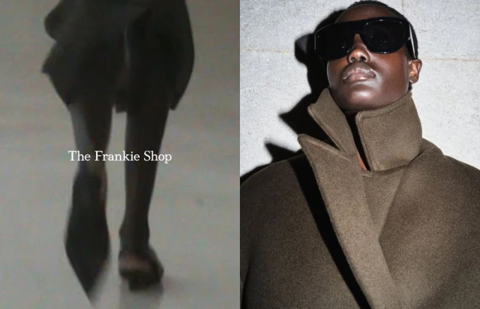 Fashion shot featuring an adult Black man modeling a heavy olive-green coat with sunglasses, and a view of a woman in heels.