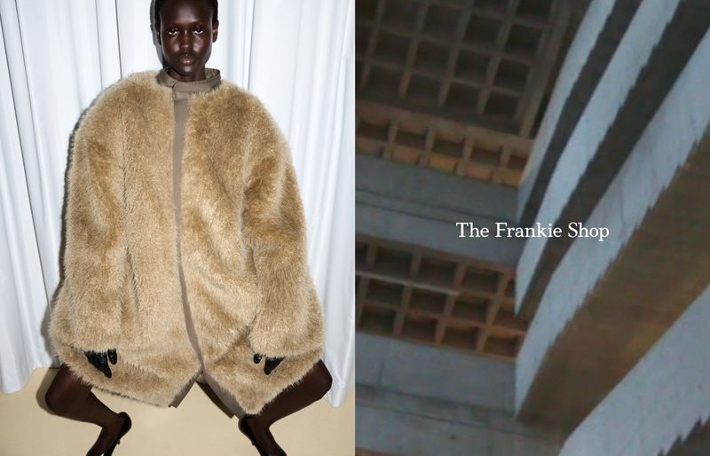 Fashion shot of a woman wearing a furry coat posing indoors against a backdrop of a white curtain and a second shot of a building's exterior.