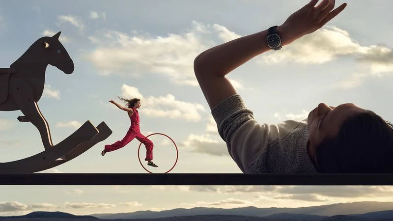Young girl in red jumpsuit jumps through a hoop near a rocking horse with a woman lying down in the foreground against a cloudy sky.