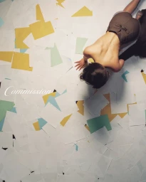 Model crawling across a floor covered in scattered papers for the Commission spring/summer 25 campaign.
