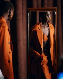 Model in burnt orange blazer standing before a mirror against dark drapes for the Ferrari S/S 2025 campaign photographed by Willy Vanderperre.