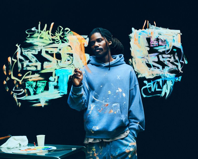 Portrait of a Black male artist with dreadlocks in a paint-splattered hoodie, holding a paintbrush in front of colorful abstract art.