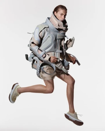 Fashion shot of a person in grey and beige protective gear jumping mid-air against a white background in a studio setting. 