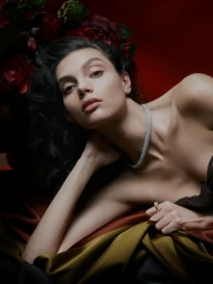 Georgia Fowler wearing a diamond necklace and gold ring, reclining beside dark red flowers for Hardy Brothers SS20