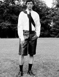 Model Jeremy Young wearing a white shirt and leather shorts standing outdoors for Berner Kühl Spring Summer 2025 Campaign