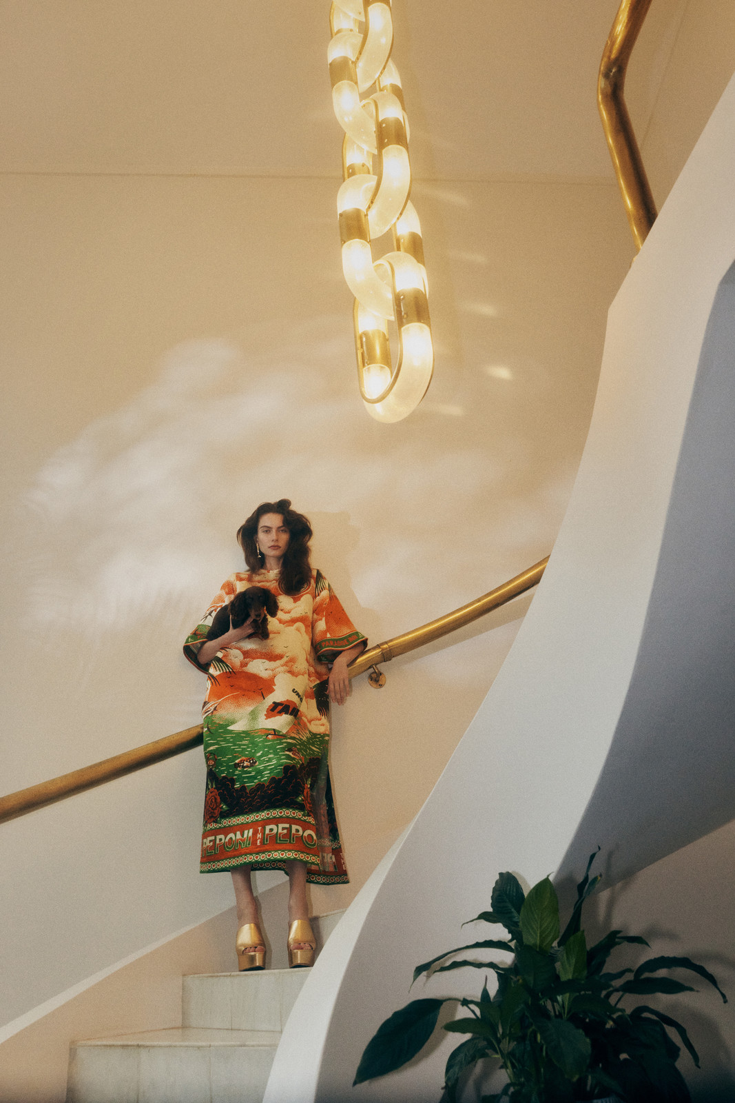 Adult female model with a dog in a dress stands on stairs with a modern light fixture, plants, and gold accents in an indoor setting.