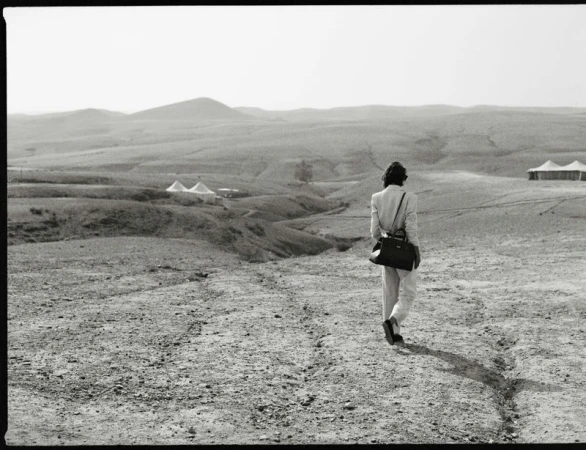 Model walking away across a vast desert landscape carrying a dark shoulder handbag for DeMellier London SS 2025 campaign.