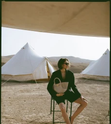 Model seated on a stool holding a beige leather handbag in a desert landscape with white bell tents under bright daylight