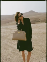Model in black blazer wearing sunglasses holding a beige handbag against a desert landscape