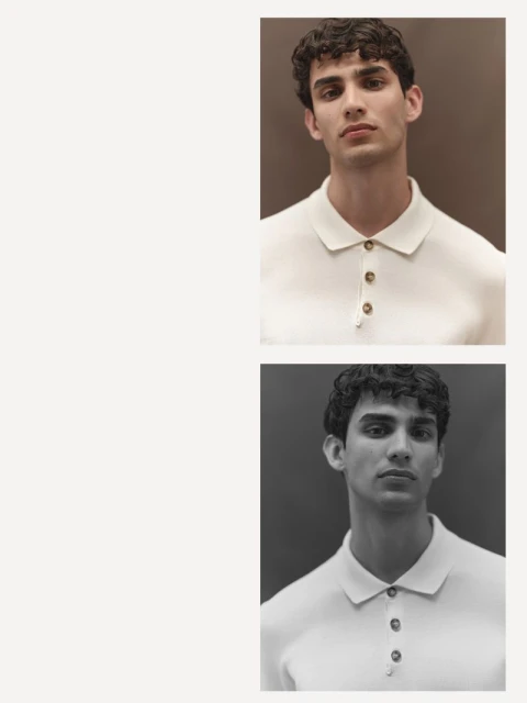 Portrait of a male model in a white collared shirt with button detail. Two images in one with one in color and one in black and white.