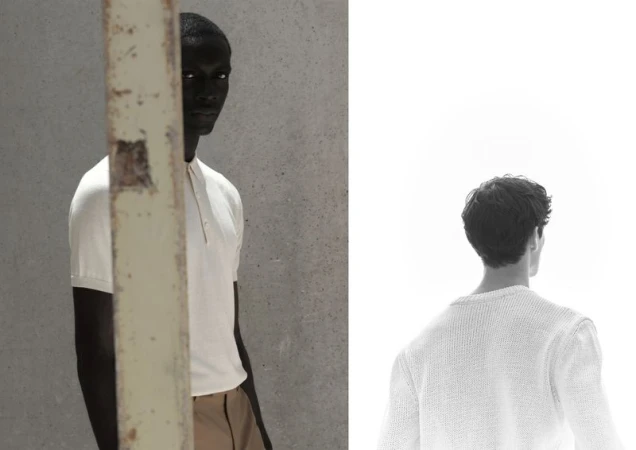 Two male models pose in soft, filtered light: one dark-skinned wearing a polo, the other fair-skinned with his back turned wearing a sweater.