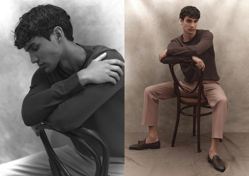 Studio shot of a handsome adult male seated and resting on a chair, wearing a sweater and pants in a diptych format.