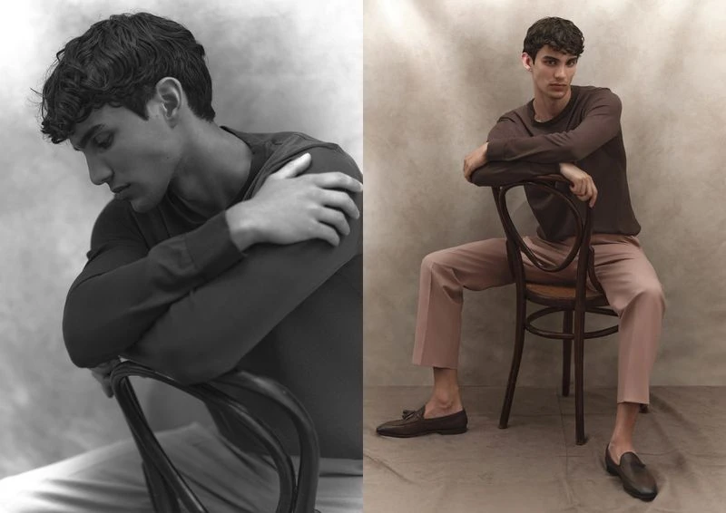 Studio shot of a handsome adult male seated and resting on a chair, wearing a sweater and pants in a diptych format.