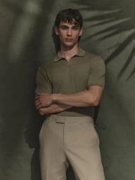 Portrait of a male model with arms crossed wearing an olive green polo shirt and beige trousers against an olive textured background.
