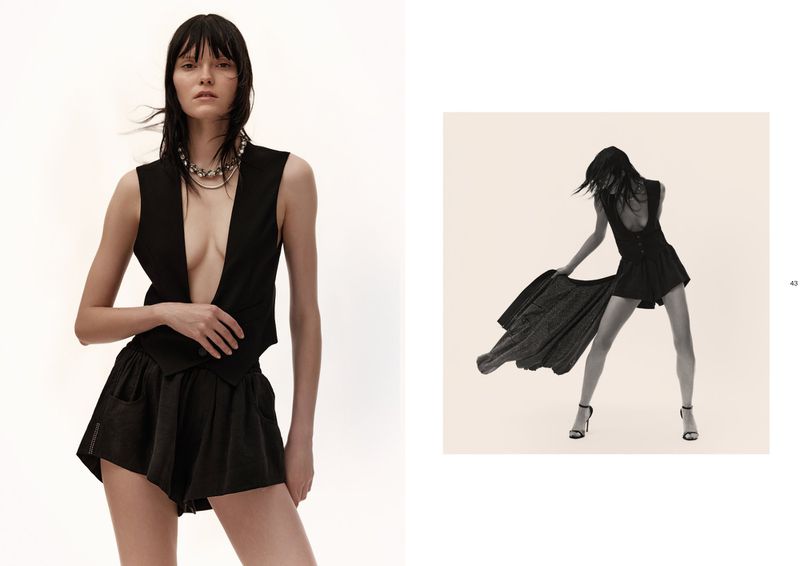 Fashion editorial shot of a woman in a black vest and shorts in a studio setting, showcasing a sepia-toned inset image on the right.