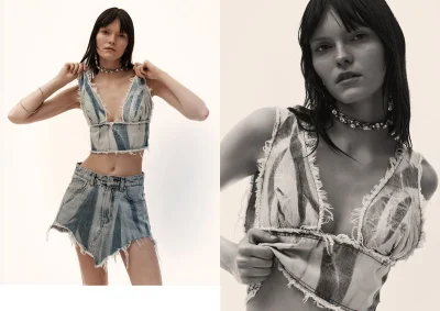 Model wearing a distressed denim crop top and matching miniskirt against a white background for A PAPER KID SS25.