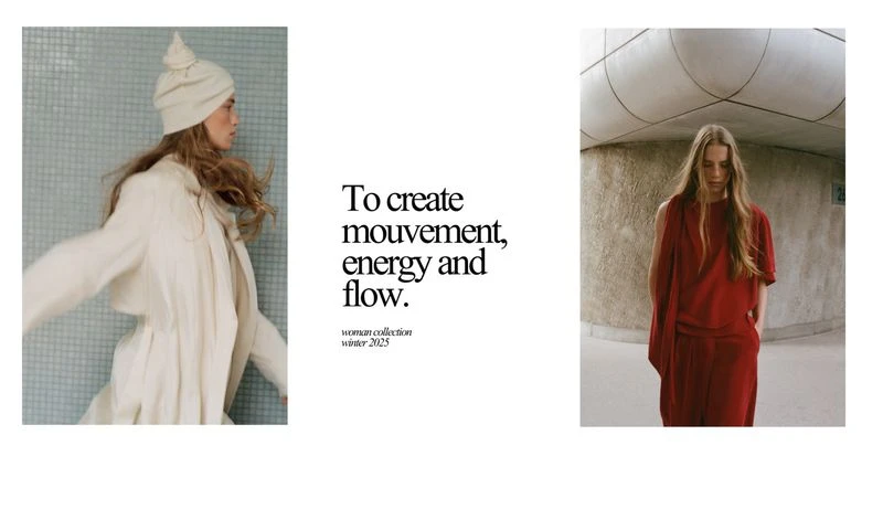 Fashion editorial featuring two women wearing stylish red and cream-colored outfits, showcasing movement and flow in a minimalist setting.