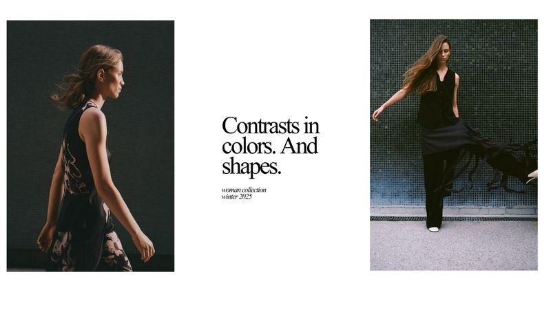Fashion editorial layout: woman in a sleeveless top and pants walking. Contrasts in colors. And shapes. Woman collection winter 2023.